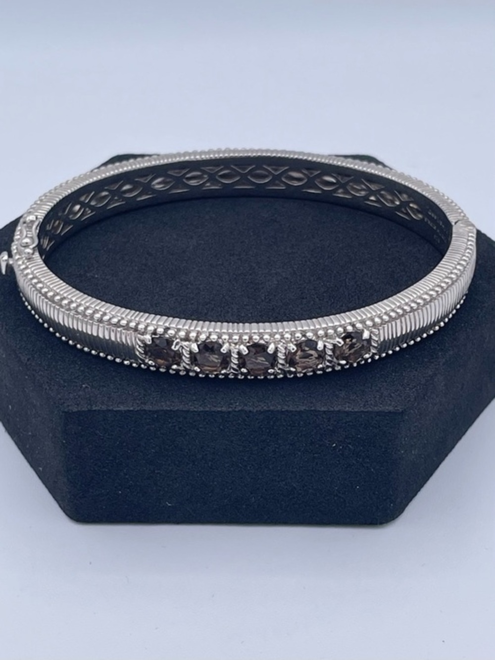 Judith Ripka Sterling Silver 925 Smoky Quartz Hinged Oval Bangle Bracelet 31.9g